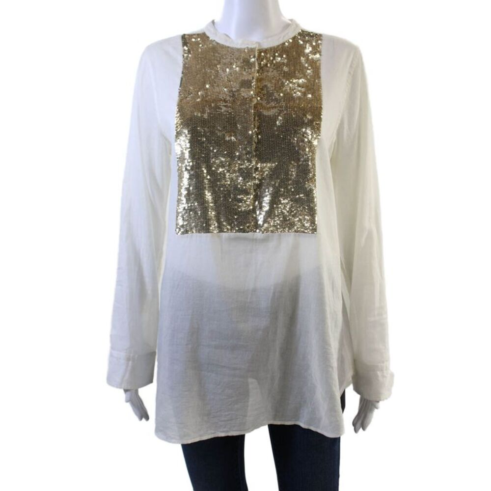 Figue Women Tunic Blouse White 100% Cotton Crew Neck Long Sleeve Boho Size M
